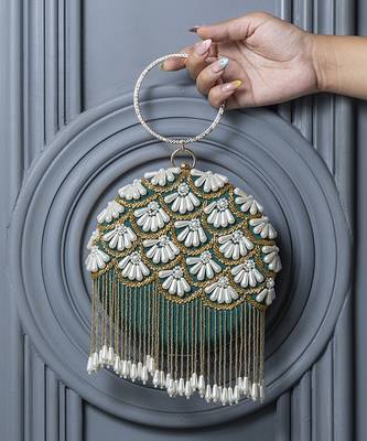 Green hand embroidered silk clutch with tassles 1