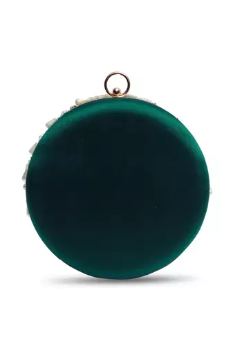 Green hand embroidered silk clutch with tassles