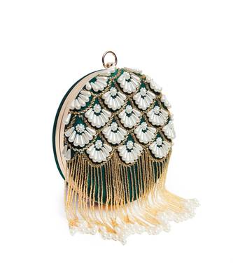 Green hand embroidered silk clutch with tassles 3