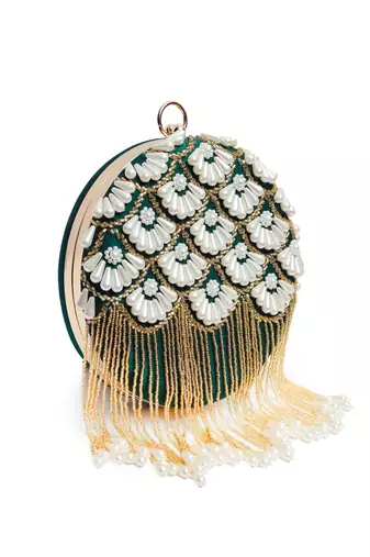 Green hand embroidered silk clutch with tassles