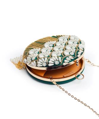 Green hand embroidered silk clutch with tassles 4