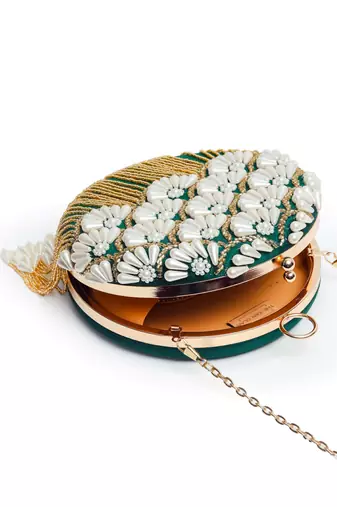 Green hand embroidered silk clutch with tassles