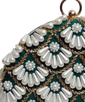 Green hand embroidered silk clutch with tassles 5