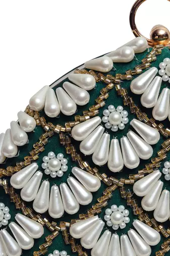 Green hand embroidered silk clutch with tassles