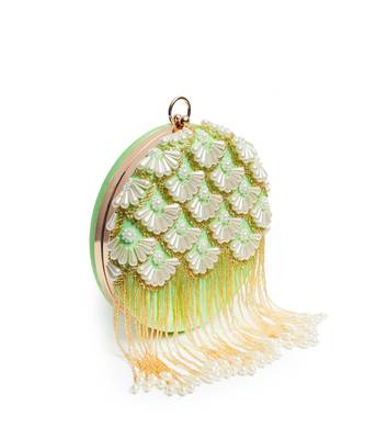 Green silk hand embroidered clutch with tassles 2