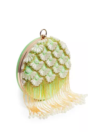 Green silk hand embroidered clutch with tassles