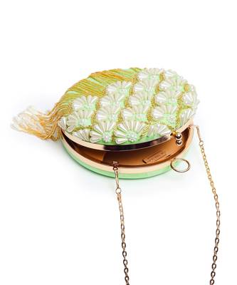 Green silk hand embroidered clutch with tassles 3