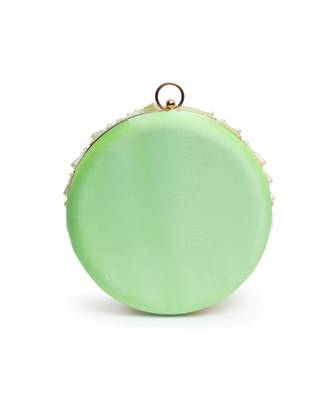 Green silk hand embroidered clutch with tassles 4