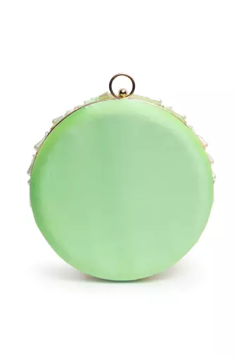 Green silk hand embroidered clutch with tassles