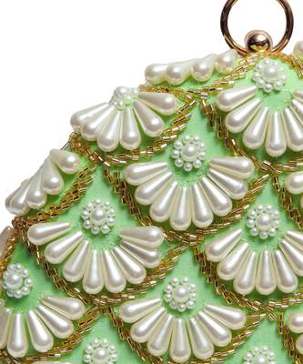 Green silk hand embroidered clutch with tassles 5