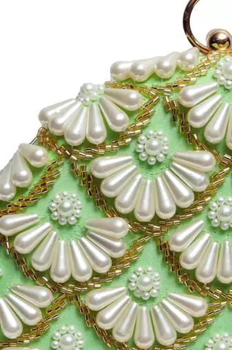 Green silk hand embroidered clutch with tassles
