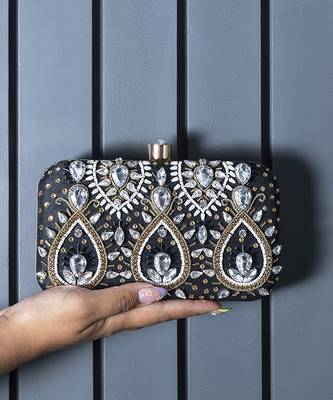 Black silk hand embroidered clutch 1