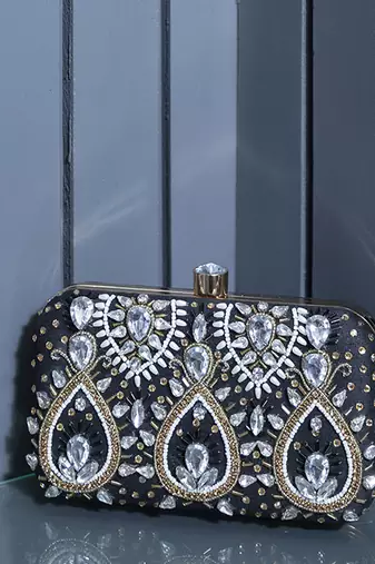 Black silk hand embroidered clutch