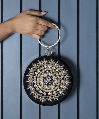 Hand embroidered black silk clutch 1