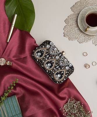 Black silk hand embroidered clutch 3
