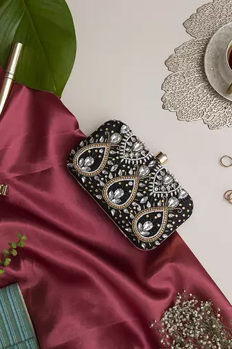 Black silk hand embroidered clutch