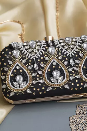 Black silk hand embroidered clutch