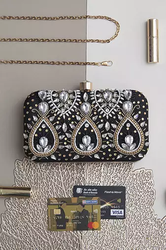 Black silk hand embroidered clutch