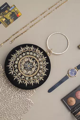 Hand embroidered black silk clutch
