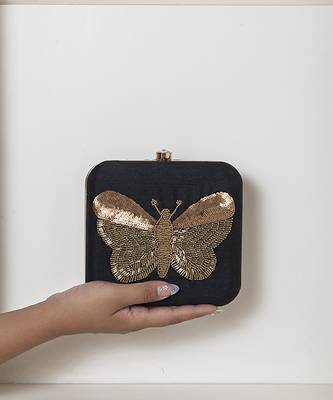 Black silk square hand embroidered butterfly clutch 1