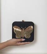 Black silk square hand embroidered butterfly clutch