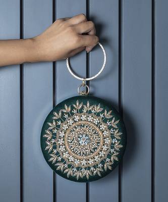 Green silk hand embroidered clutch 1