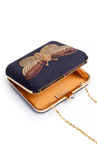 Black silk square hand embroidered butterfly clutch