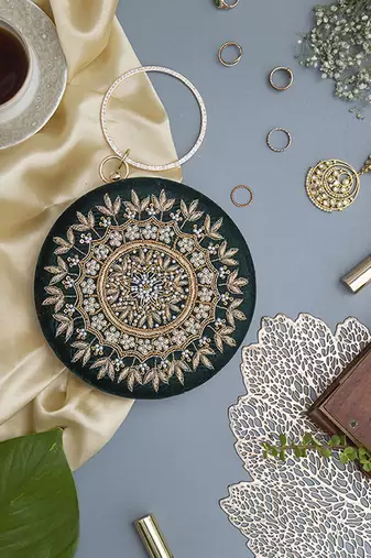 Green silk hand embroidered clutch
