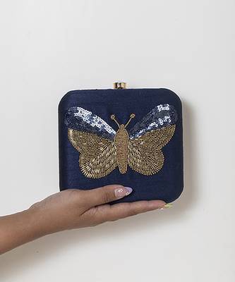 Blue silk square hand embroidered butterfly clutch 1