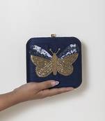 Blue silk square hand embroidered butterfly clutch