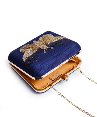 Blue silk square hand embroidered butterfly clutch 2