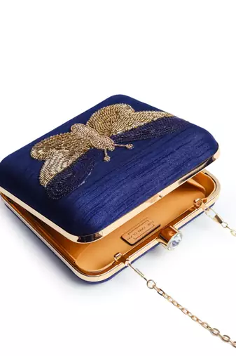 Blue silk square hand embroidered butterfly clutch