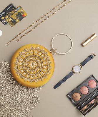 Yellow silk hand embroidered clutch 1