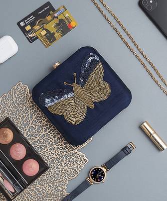 Blue silk square hand embroidered butterfly clutch 5