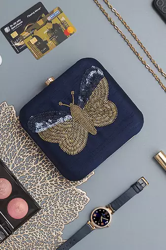 Blue silk square hand embroidered butterfly clutch