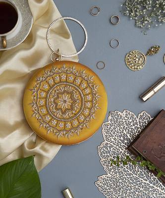 Yellow silk hand embroidered clutch 2