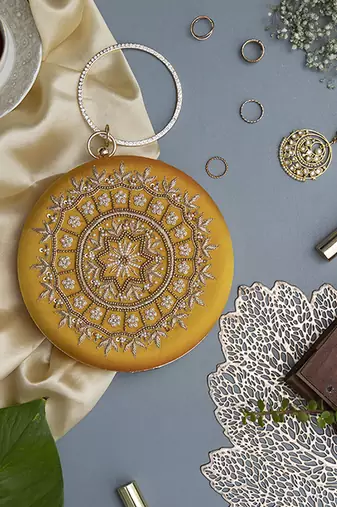 Yellow silk hand embroidered clutch
