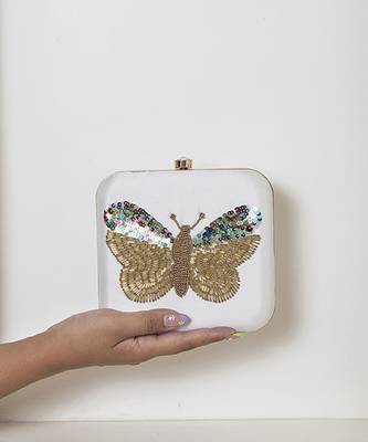 White silk square hand embroidered butterfly clutch 1