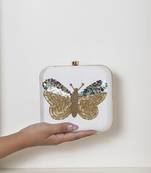 White silk square hand embroidered butterfly clutch