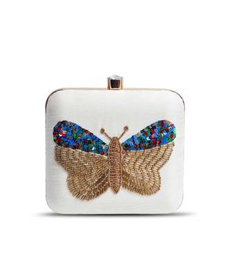 White silk square hand embroidered butterfly clutch 2