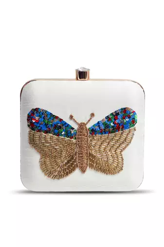 White silk square hand embroidered butterfly clutch