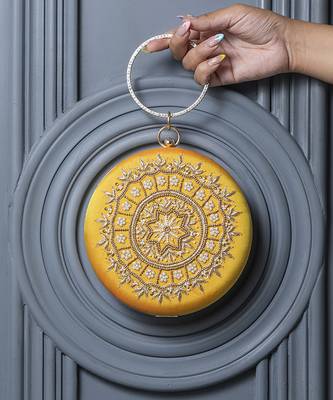 Yellow silk hand embroidered clutch 3