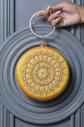 Yellow silk hand embroidered clutch