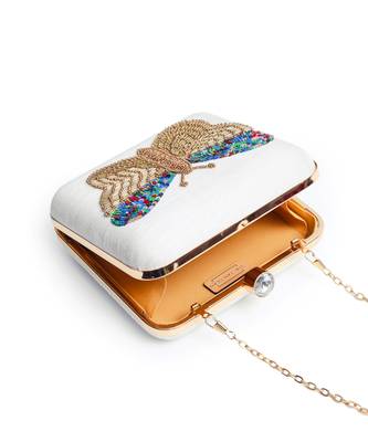 White silk square hand embroidered butterfly clutch 4