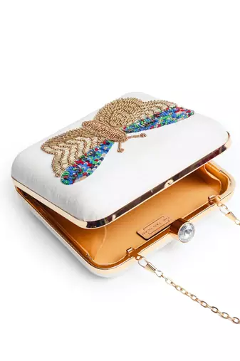 White silk square hand embroidered butterfly clutch