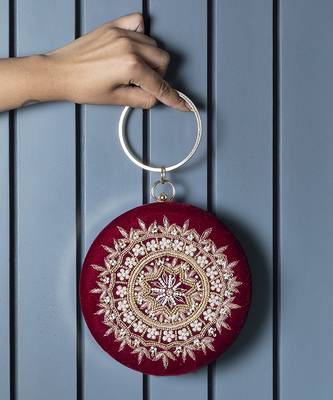 Red silk hand embroidered roundclutch 1