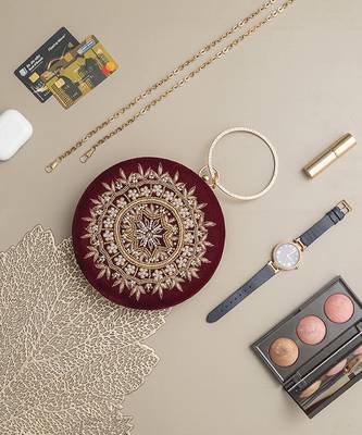 Red silk hand embroidered roundclutch 2