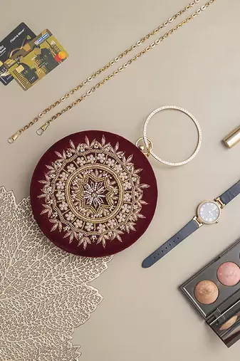 Red silk hand embroidered roundclutch