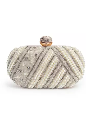 Silver hand embroidered silk clutch