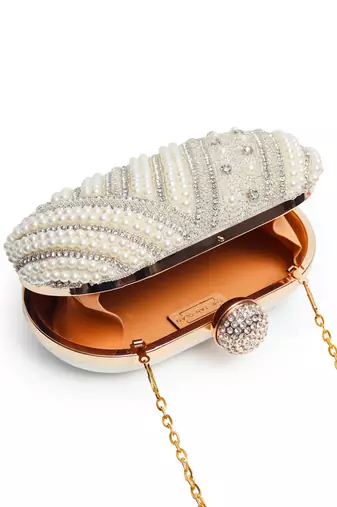 Silver hand embroidered silk clutch